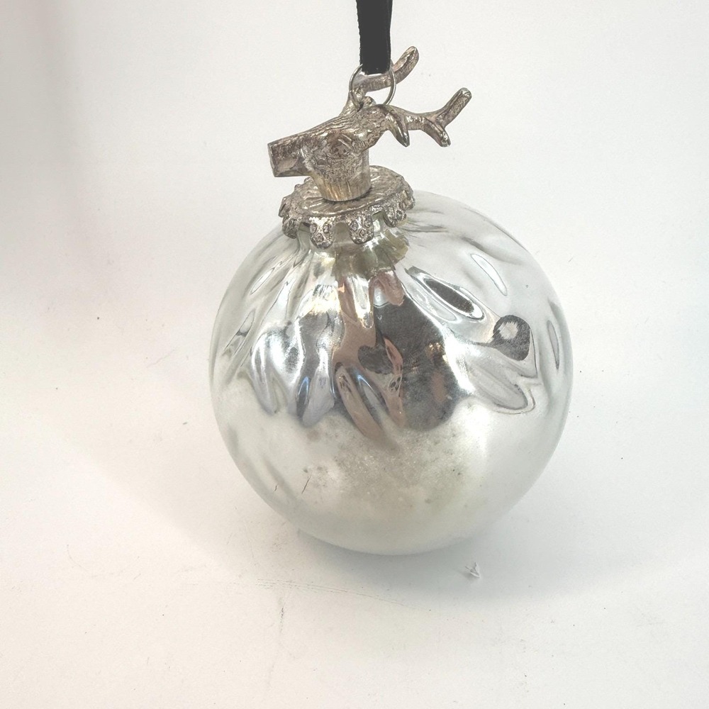 Mercury Glass Ornament Silver Stag Deer Head Hammered Bauble